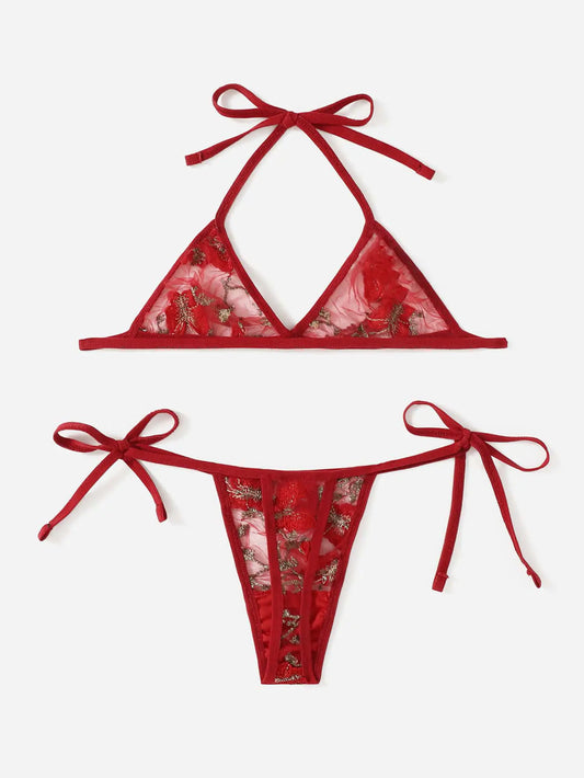 Lingerie Set with Embroidered Bra and T-Back Panty