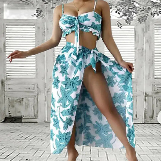Three-Piece Floral Bikini Beach Dress Set